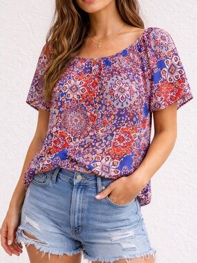 Show Me Your Mumu Boho Top Medium Colorful Mosaic Print Flowy Festival Blouse